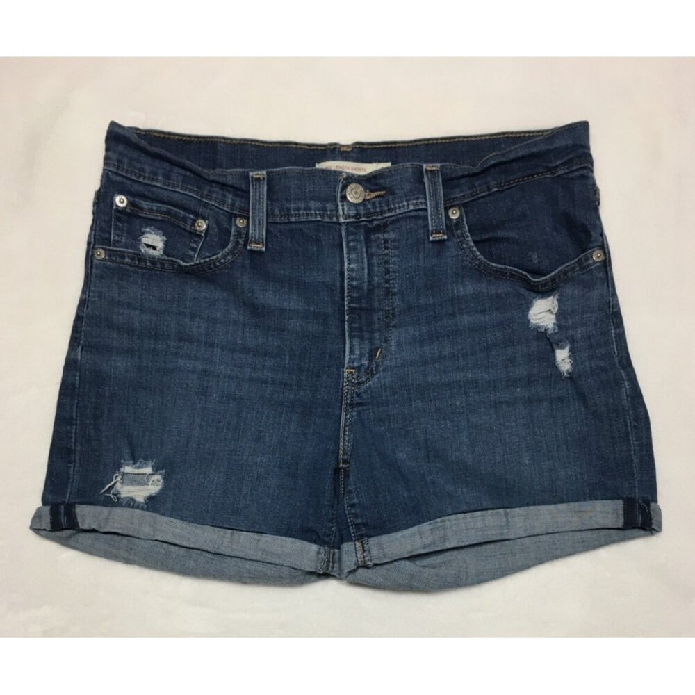 Levis Jean Shorts Mid Length Blue Denim Cuffed Distressed Tag 30 FIT 32.5 x 4.25